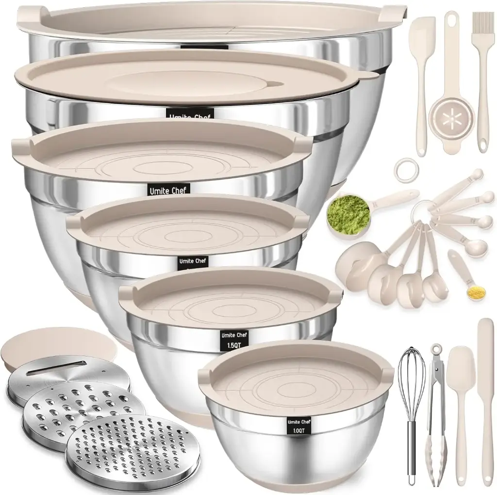 Mixing Bowls with Airtight Lids Set, 26PCS Stainless Steel Khaki Bowls with Grater Attachments, Non-Slip Bottoms & Kitchen Gadgets Set, Size 7, 4, 2.5,..
