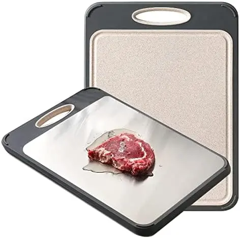 GUANCI Cutting Board for Kitchen, Stainless Steel Cutting Board Double Sided for Chopping Meat/Vegetables, Stainless Steel/Wheat Straw PP, Kitchen